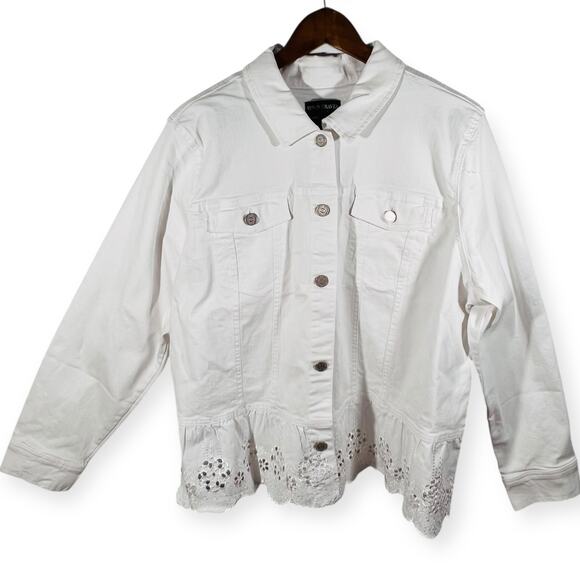 Susan Graver White Peplum Denim Jacket XL Eyelet Lace Hem Stretch Cotton - Picture 3 of 12